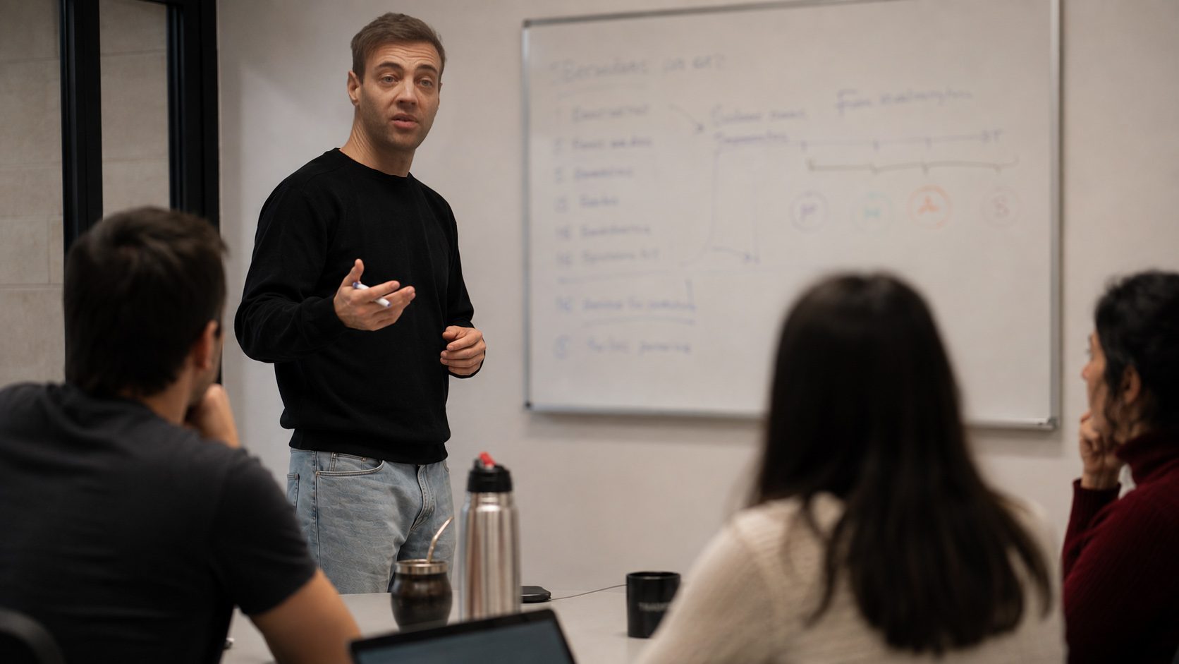 Leandro Vasino explicando el sistema Elevé al equipo de TRADERS