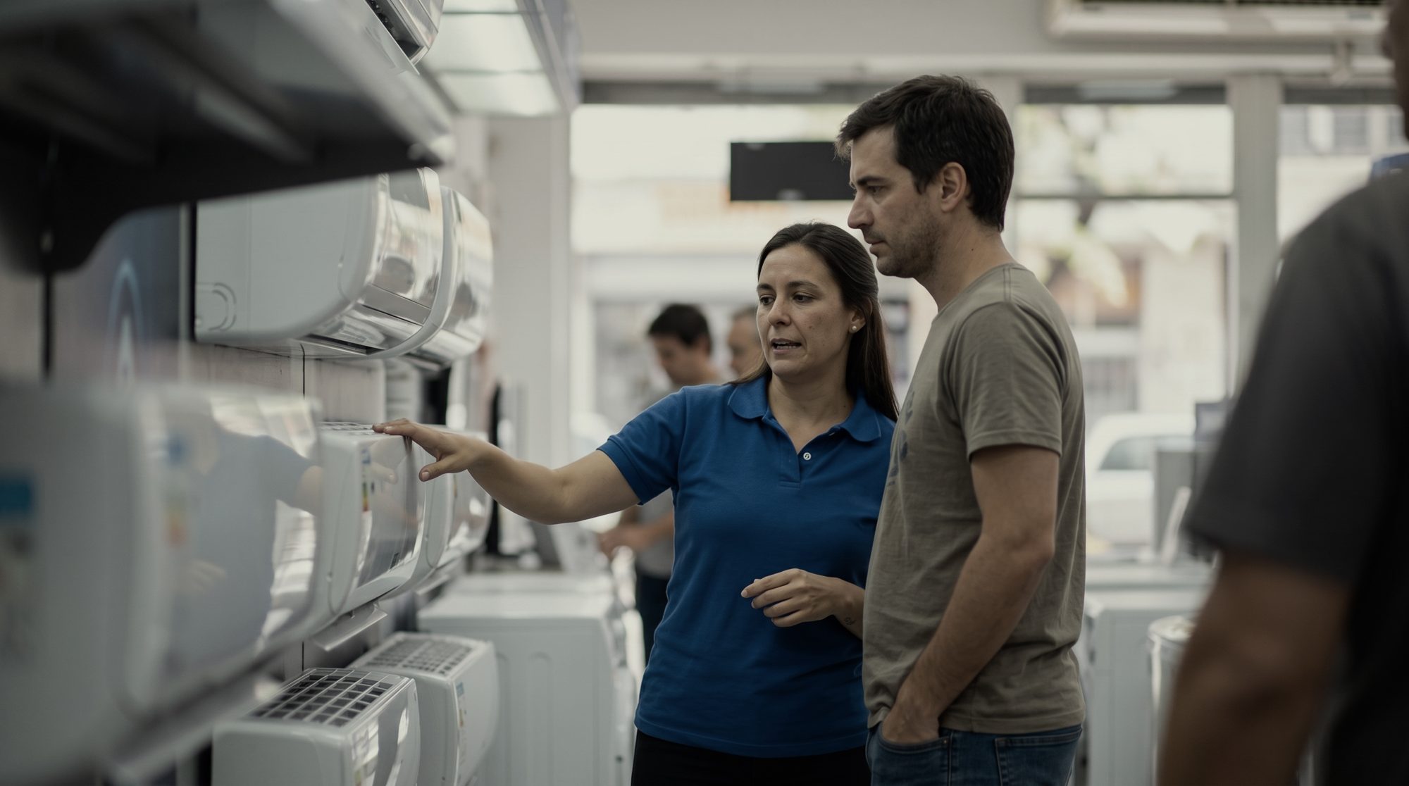 Vendedora asesorando a un cliente informado frente a la exhibición del canal